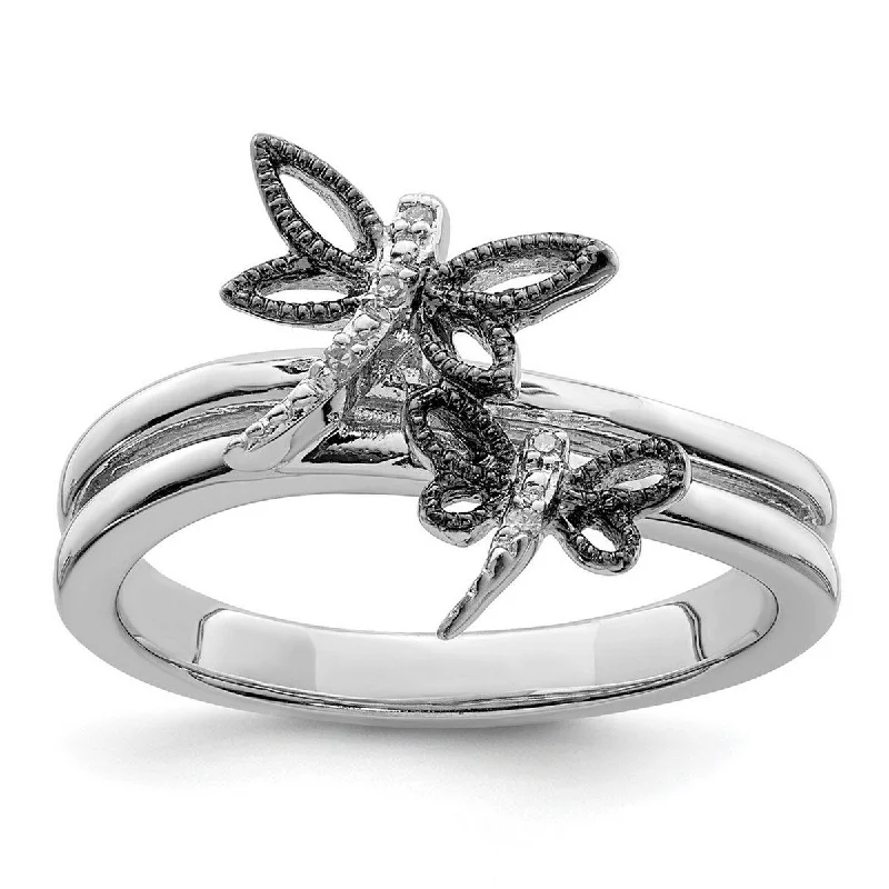 gibbous moon ring-Curata 925 Sterling Silver Polished Prong set Closed back Diamond Black Rhodium Plated Dragonfly Ring