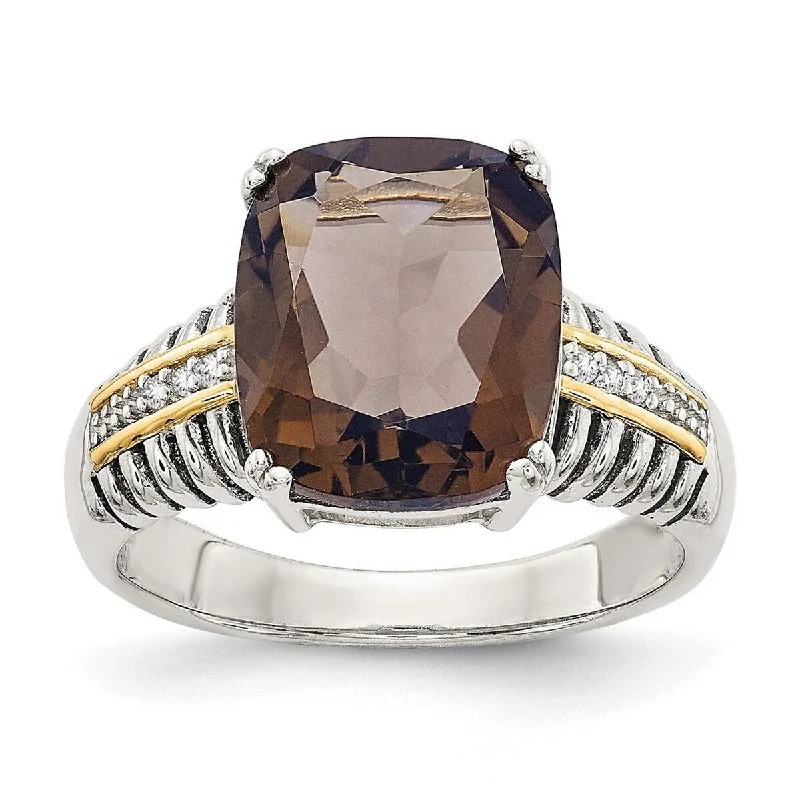 retro-style band ring-Curata 925 Sterling Silver Polished Prong set Open back 14k Yellow Diamond Smokey Quartz Ring