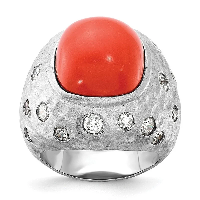 rose gold garnet ring-Curata 925 Sterling Silver Satin Red Simulated Coral and Cubic Zirconia Ring