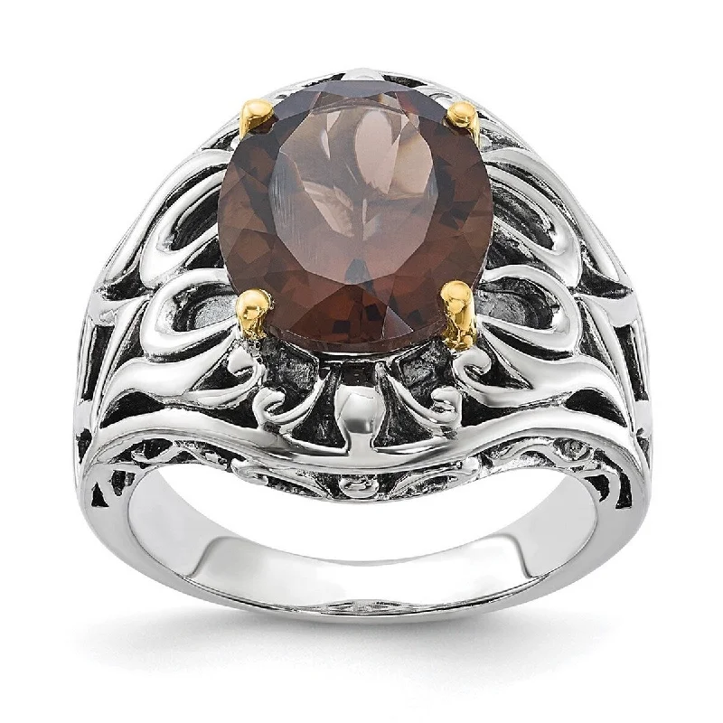 tarnished silver band ring-Curata 925 Sterling Silver With 14k 4.40Smokey Quartz Ring