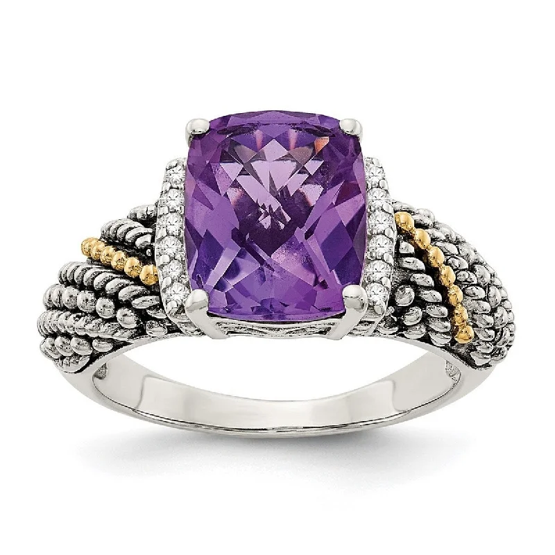 thin gold ring-Curata 925 Sterling Silver With 14k Diamond and Amethyst Ring