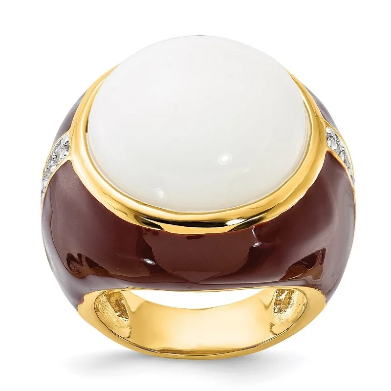 luxurious silver ring-Curata Gold Plated 925 Sterling Silver Brn Enam Simulated Wht Agate and Cubic Zirconia Ring