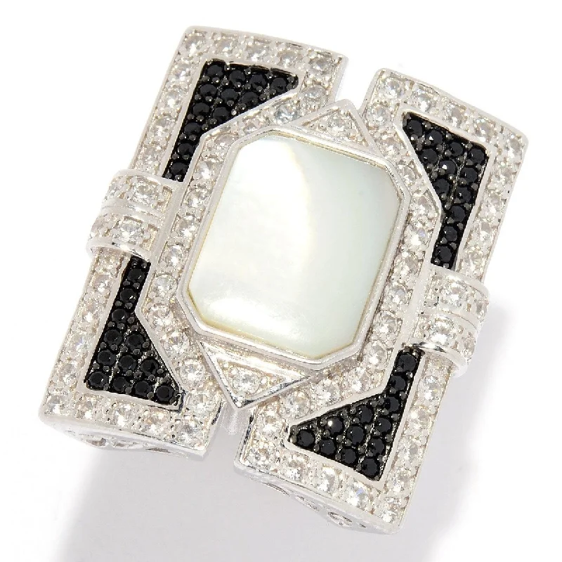 urban bolt ring-Dallas Prince Designs Mother-of-Pearl, Black Spinel & White Zircon Rectangular Ring