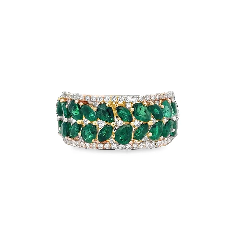 pearl frond ring-Emerald and Diamond Band in Yellow Gold