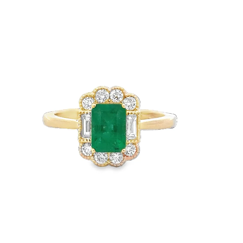 bicolor promise ring-Emerald and Diamond Scalloped Halo Ring in Yellow Gold