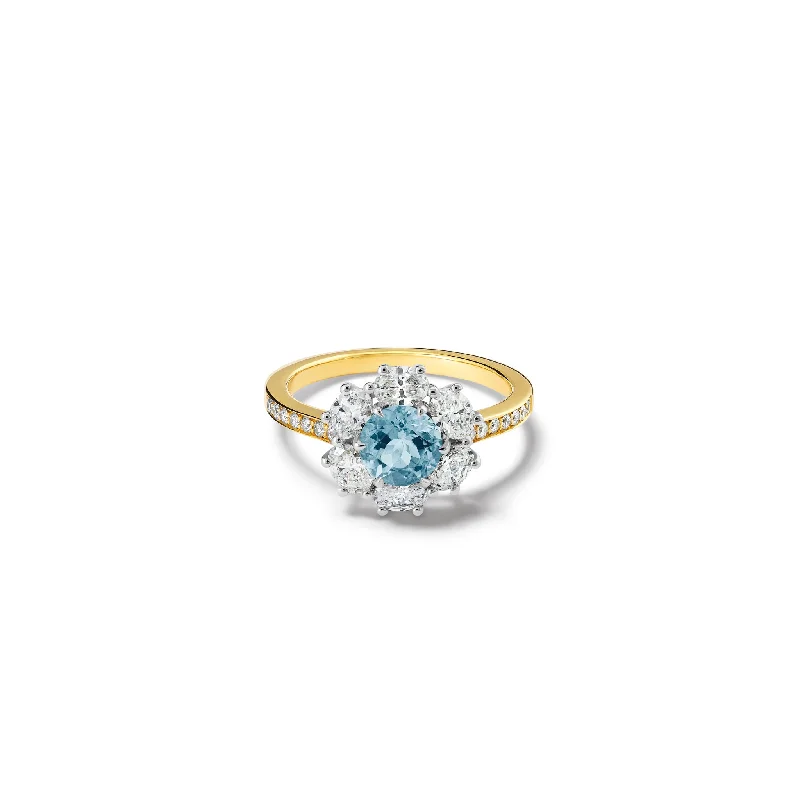 ornate trellis ring-Flora Engagement Ring 18ct White & Yellow Gold - Aquamarine & Diamond