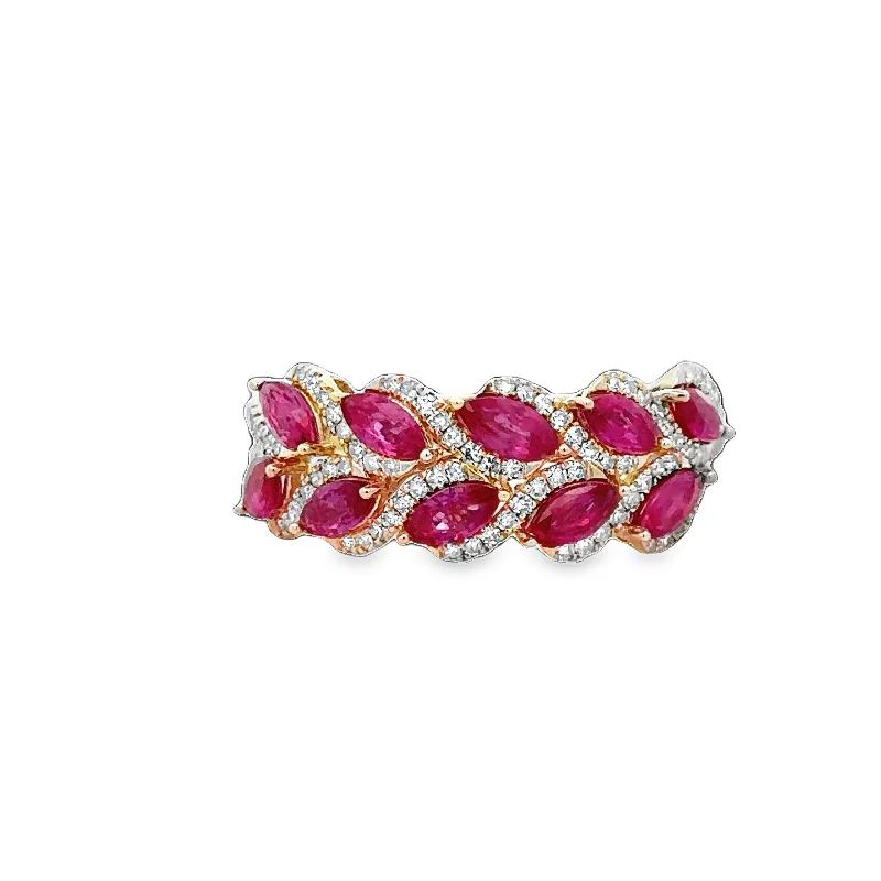 frond band ring-Foliate Style Ruby and Diamond Band in Rose Gold