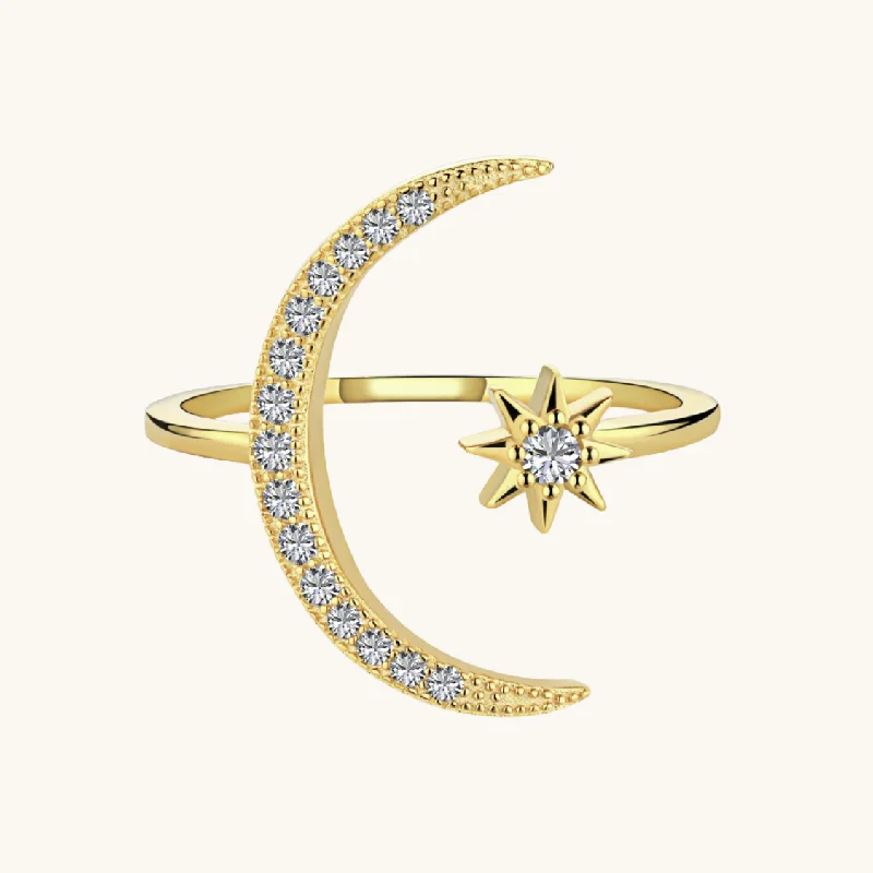 bendable stacking ring-Gold Adjustable Moon Star Ring