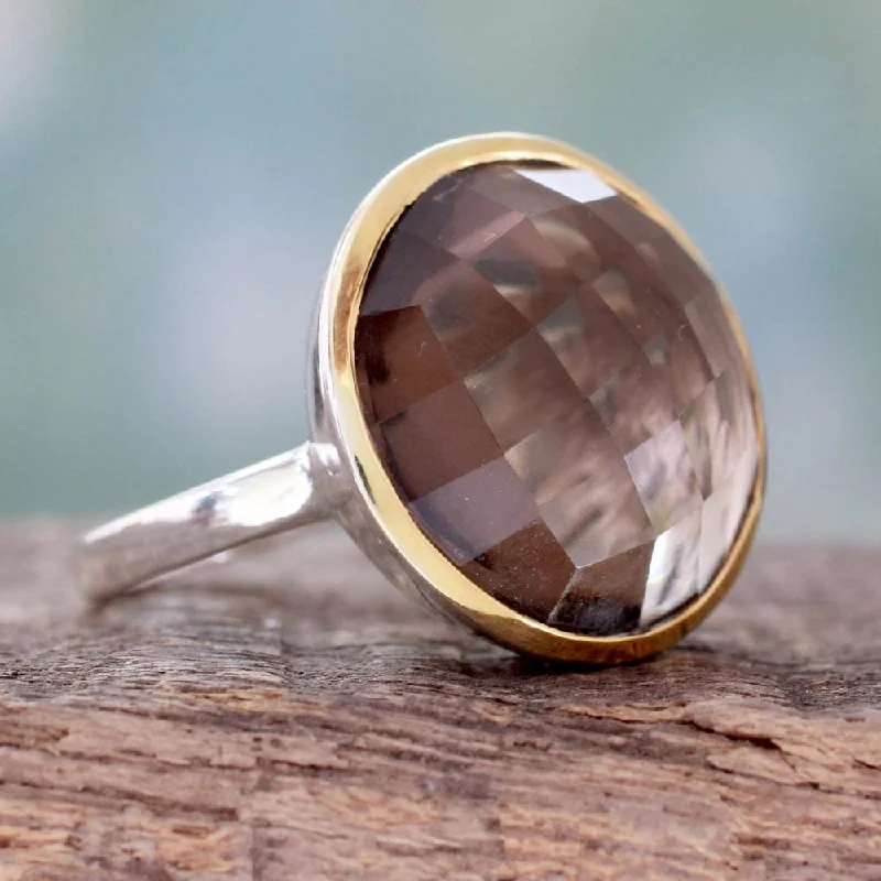 chunky silver ring-Handcrafted Gold Accented 'Dreamy Allure' Smoky Quartz Ring (India)