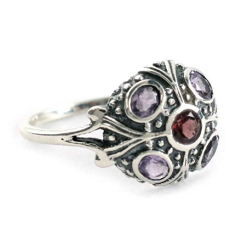 stamped gemstone ring-Handmade Enthralling Jaipur Amethyst and Garnet Cocktail Sterling Silver Ring (India)