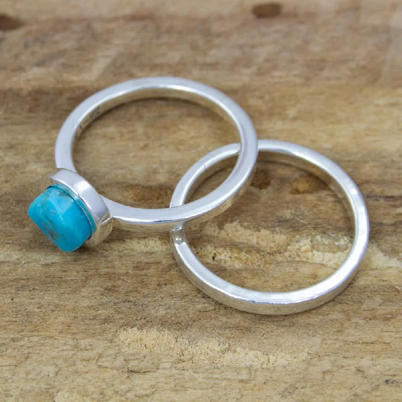 flow promise ring-Handmade Set of 2 Sterling Silver 'Sky Glow' Turquoise Stacking Rings (Mexico)