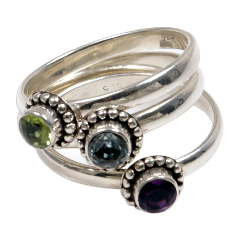 thin gold ring-Handmade Set of 3 Sterling Silver 'Trio of Love' Multi-gemstone Rings (Indonesia)