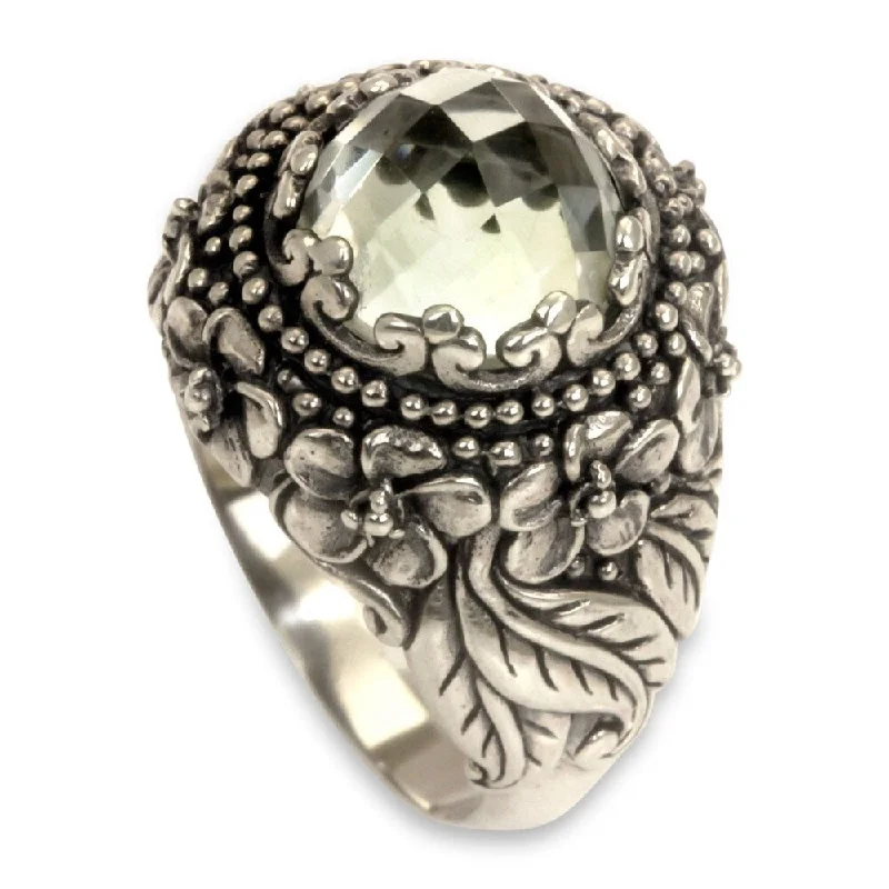 octagonal ring-Handmade Sterling Silver 'Graceful Plumeria' Prasiolite Ring (Indonesia)