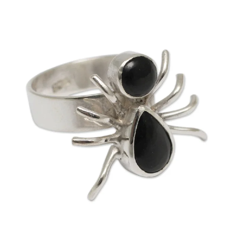 chiseled silver ring-Handmade Sterling Silver Little Spider Obsidian Ring (Peru)