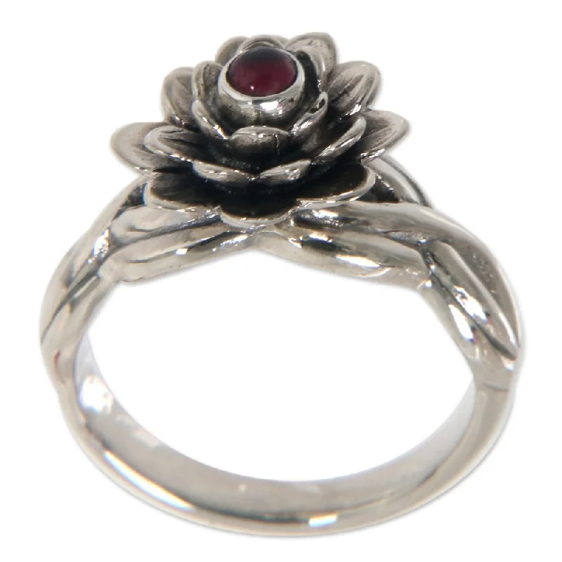 stamped monogram ring-Handmade Sterling Silver Red Eyed Lotus Garnet Ring (Indonesia)