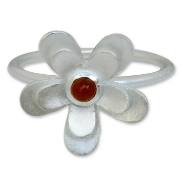 vintage pearl ring-Handmade Sterling Silver 'Sunlit Frangipani' Carnelian Flower Ring (Thailand)