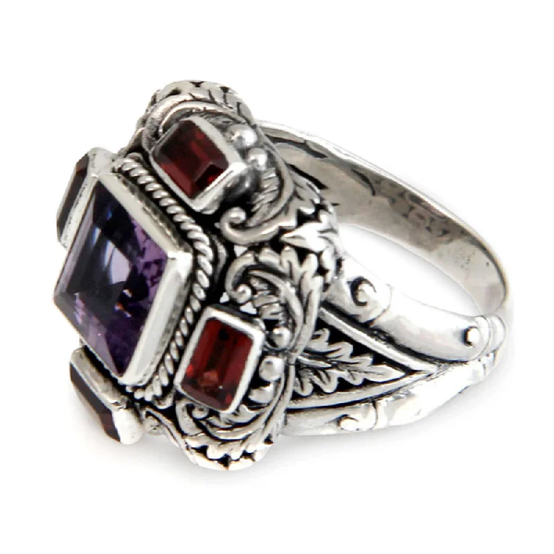 rose gold arc ring-Handmade Sterling Silver 'Temple Guardian' Garnet Amethyst Ring (Indonesia) - Purple