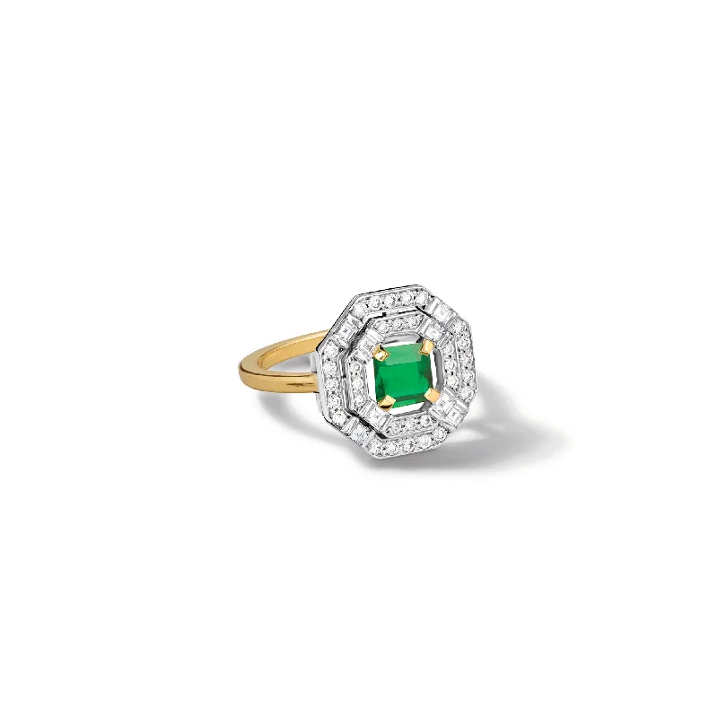 flow gemstone ring-Heloise Engagement Ring 18ct White & Yellow Gold - Emerald & Diamond