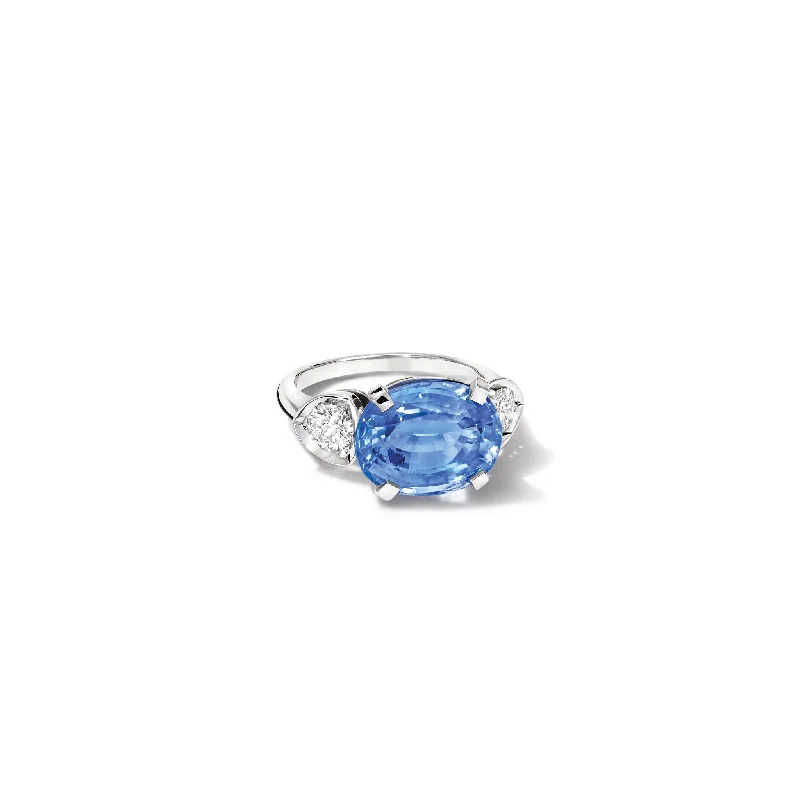 urban gemstone ring-Katie Horizontal Engagement Ring 18ct White Gold - Blue Sapphire & Diamond