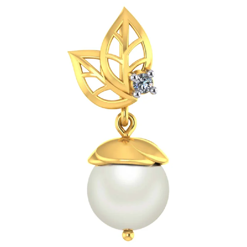 frond stamped necklace-Lovely Dainty 18k Gold And Diamond Pearl Drop Pendant From P.c Chandra Jewellers