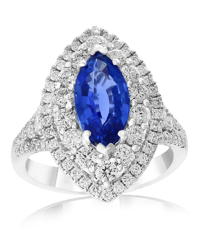 bendable gold ring-Marquise Sapphire and Diamond Ring in 18k White Gold