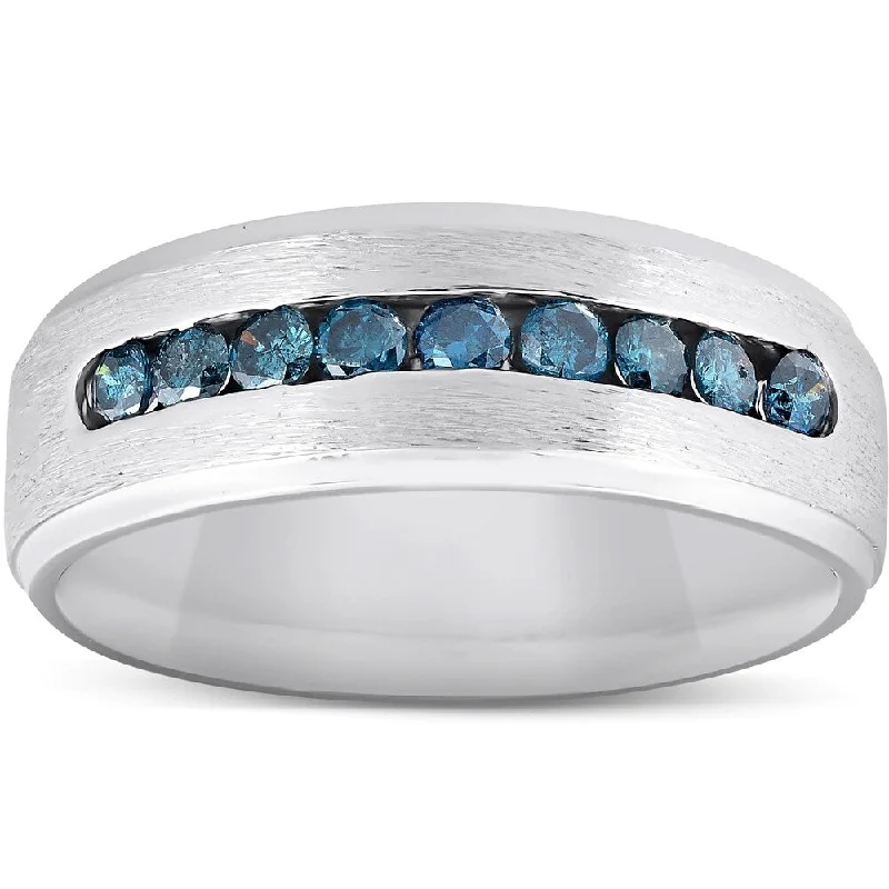 heavy gemstone ring-Mens 1/3ct Blue Diamond Brushed Wedding Ring 14k White Gold (Blue, I1-I2)