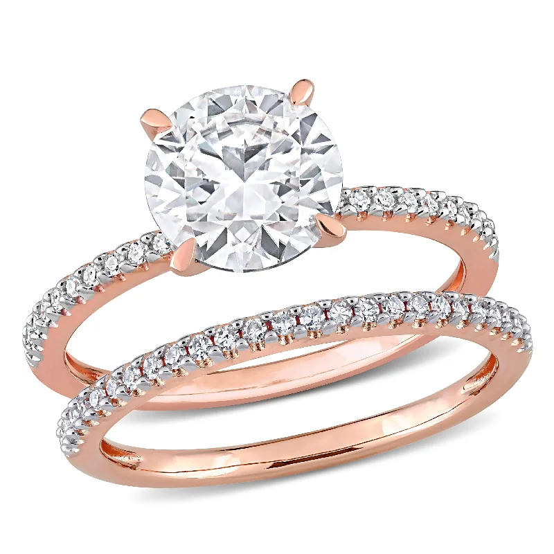 urban angular ring-Miadora 1 4/5ct DEW Created Moissanite and 1/4ct TW Diamond Bridal Set in 14k Rose Gold