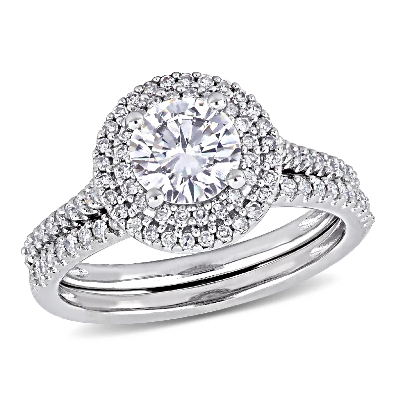 thin promise ring-Miadora 1ct DEW Created Moissanite and 1/2ct TW Diamond Bridal Set in 14k White Gold