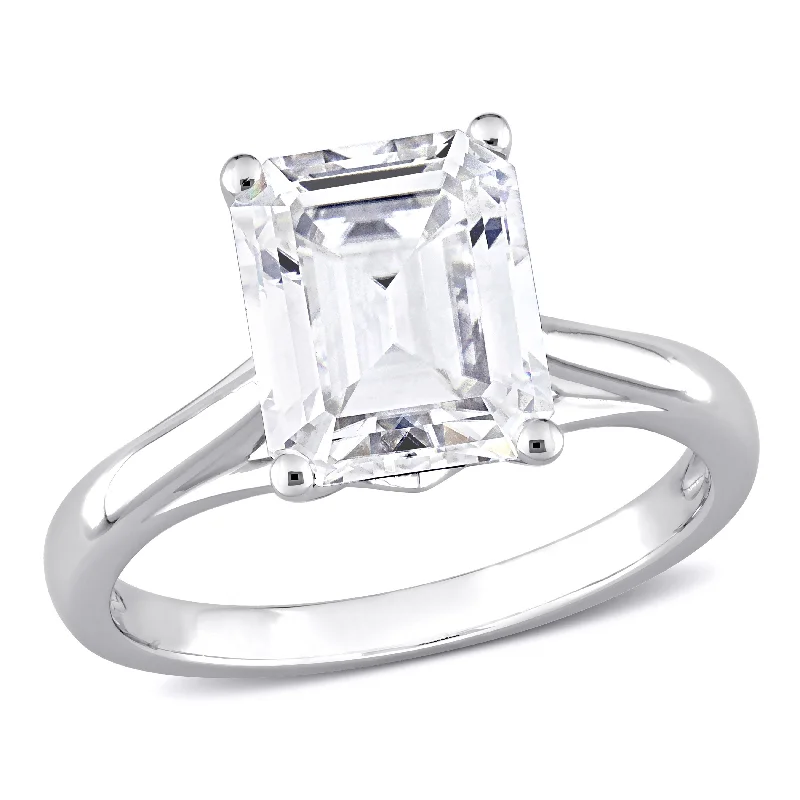 pewter band ring-Miadora 3 1/2ct DEW Emerald Cut Created Moissanite Solitaire Ring in 10k White Gold