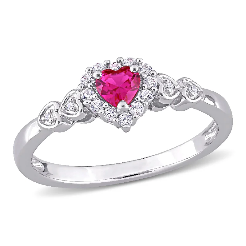 frond promise ring-Mimi & Max 2/5ct TGW Created Ruby Created White Sapphire and Diamond-Accent Halo Heart Ring in Sterling Silver