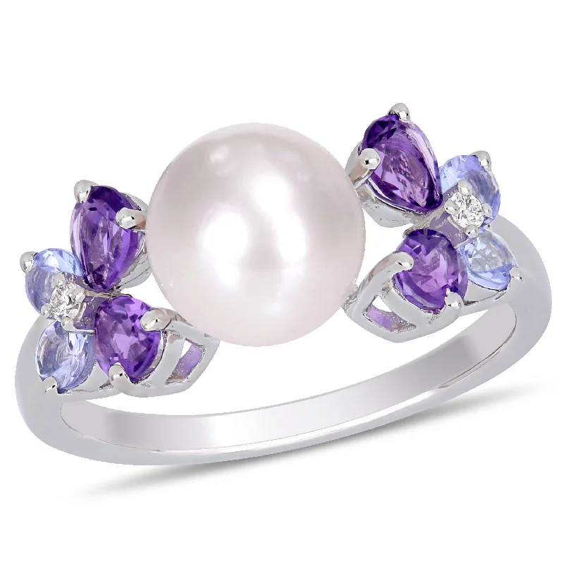 pearl frond ring-Mimi & Max 8-8.5 mm White Cultured Freshwater Pearl, Diamond, Tanzanite, and Amethyst Ring