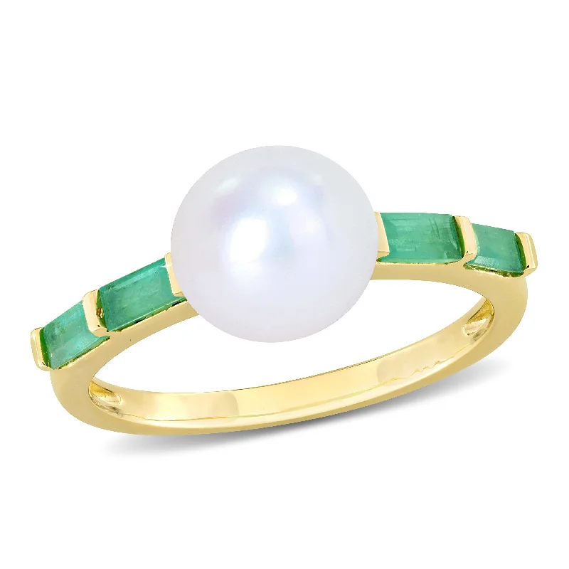 stamped gemstone ring-Mimi & Max 8-8.5mm Freshwater Cultured Pearl 1/2ct TGW Baguette Emerald Ring 10k Yellow Gold