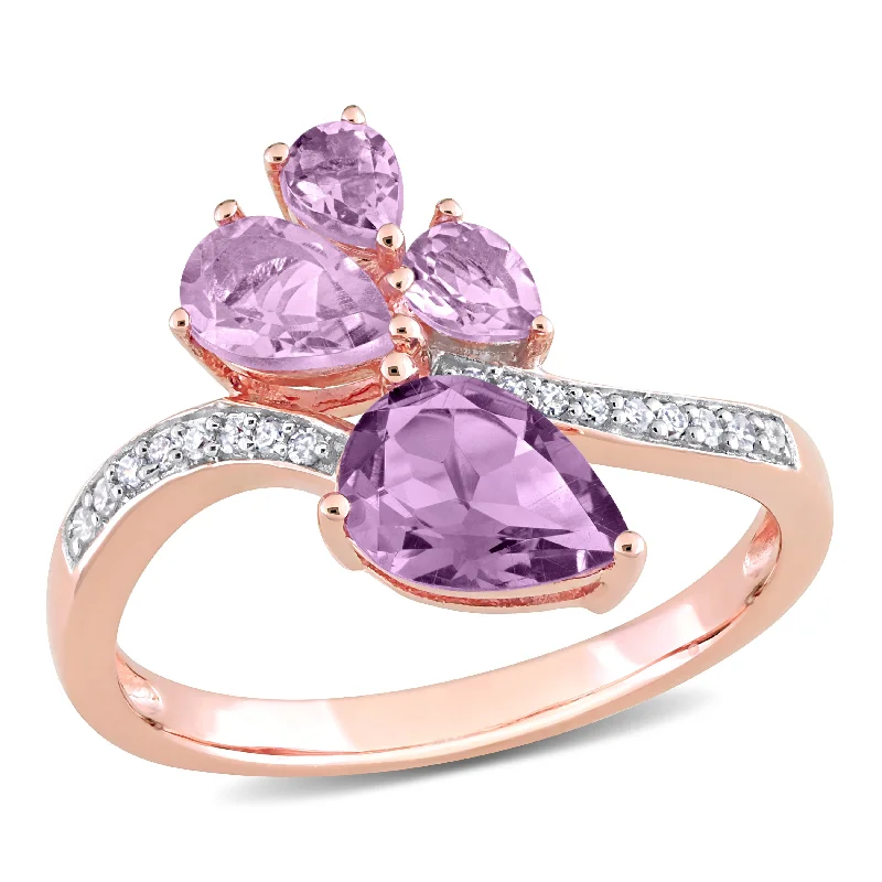 retro-style ring-Mimi & Max Womens 1 3/5ct TGW Pear-Shape Amethyst and Rose de France and 1/10ct TDW Diamond Toi et Moi Ring in 14k Rose Gold