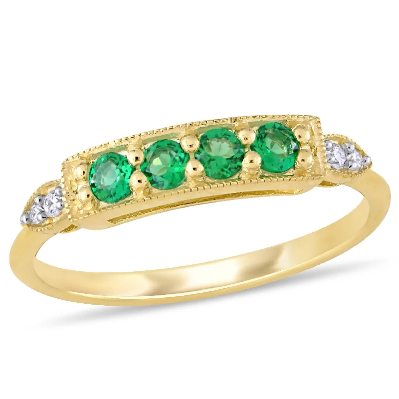 chiseled diamond ring-Mimi & Max Women's 1/8ct TGW Created Emerald and Diamond Accent Bar Ring in 10k Yellow Gold