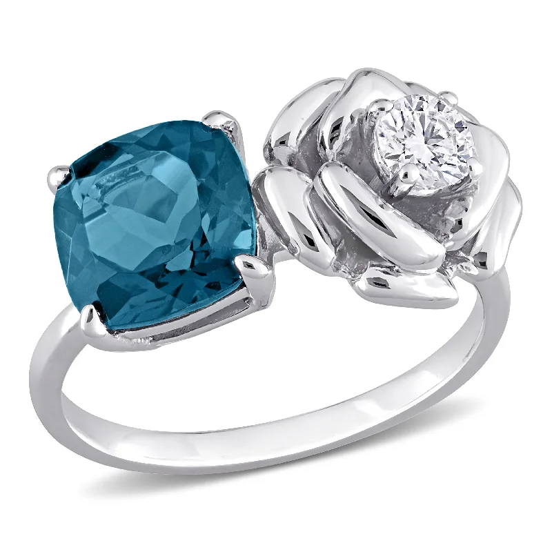 rose gold arc ring-Mimi & Max Womens 2 7/8ct TGW Cushion-Cut London Blue Topaz and White Topaz 2-Stone Rose Ring in Sterling Silver