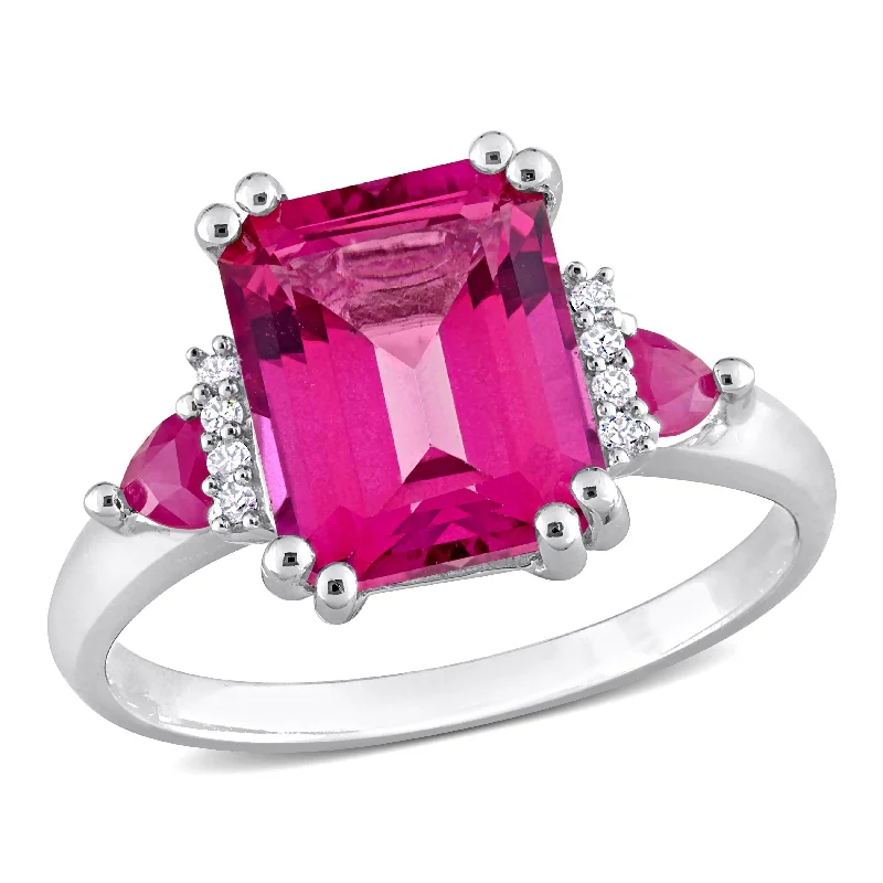 luxurious statement ring-Mimi & Max Womens 4 1/2ct TGW Octagon-Cut Pink Topaz & Trilliant-Cut Ruby Diamond Accent 3-Stone Ring in Sterling Silver