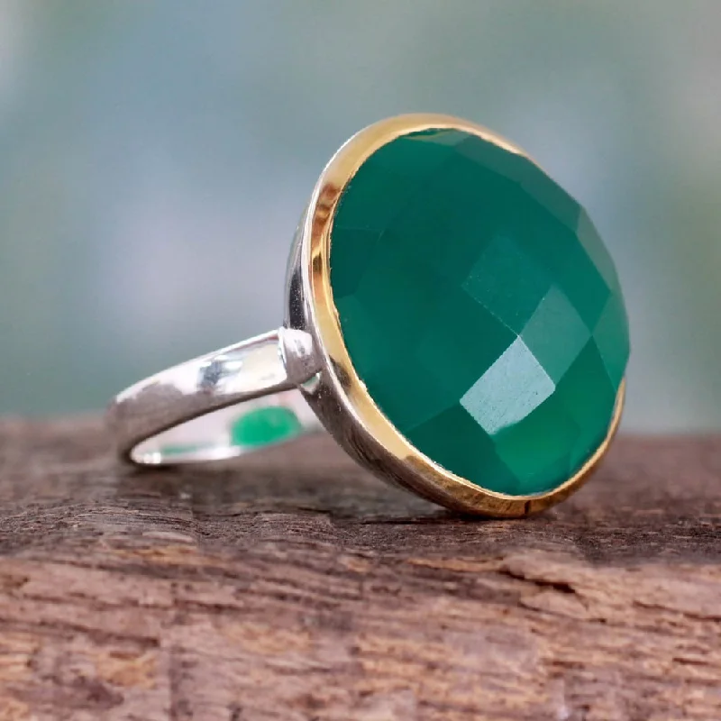 uncut turquoise ring-Modern 7.5 Carat Checkerboard Cut Green Onyx Gemstone with Gold Plate Over 925 Sterling Silver (India)