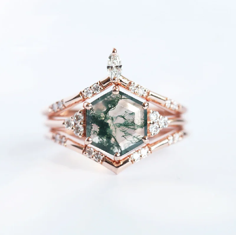 deco sapphire ring-Ada Hexagon Moss Agate Ring Set