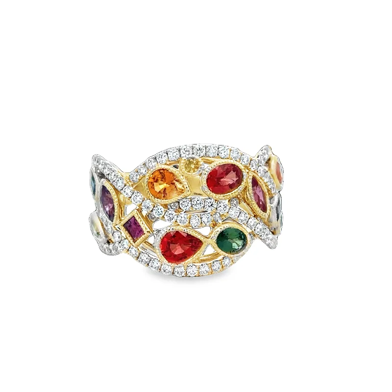 luxurious silver ring-Mutli-Gemstone Openwork Ring in Yellow Gold