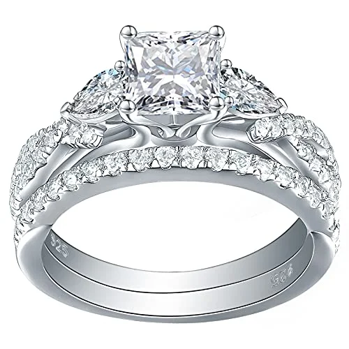 pewter eternity ring-Newshe 1.7ct Princess Pear White AAAAA Cz 925 Sterling Silver Engagement Wedding Ring Set Size 4-13