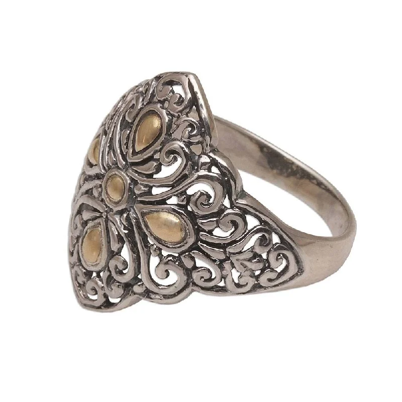 little initial ring-NOVICA Botanical Path, Gold accent sterling silver cocktail ring