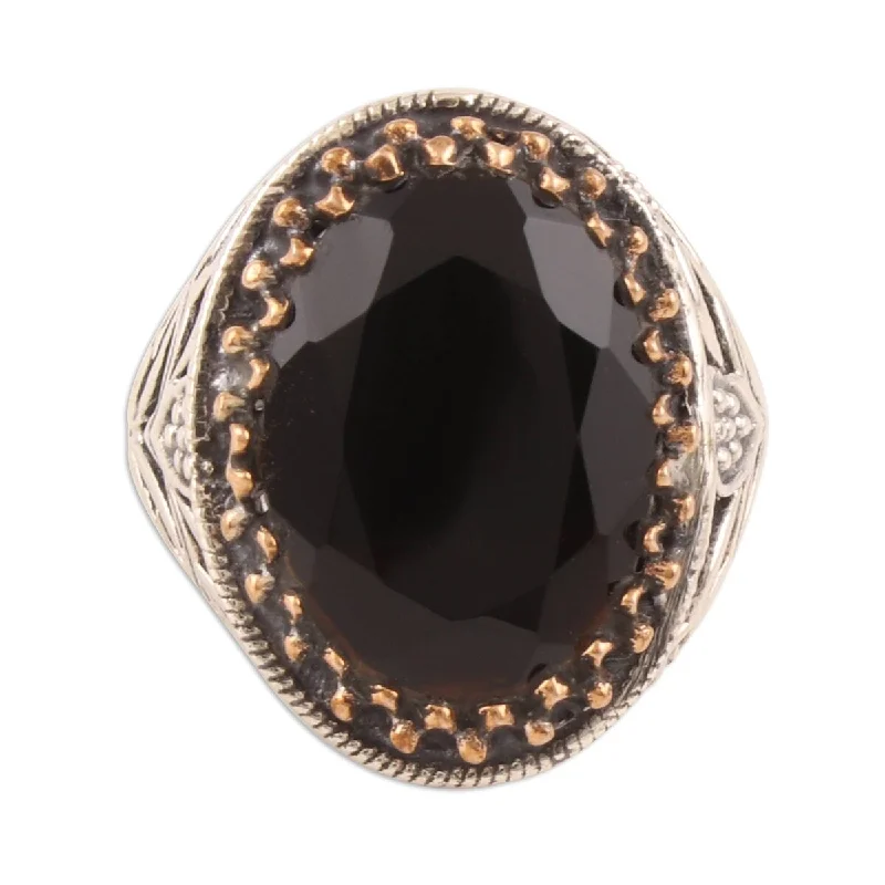 frond stacking ring-NOVICA Dark Glimmer, Onyx single-stone ring