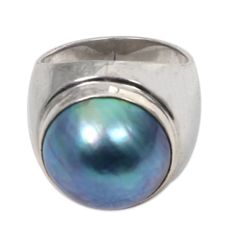 flow-shaped promise ring-NOVICA Handmade Blue Moon Pearl Sterling Silver Ring 14.5-15 mm (Indonesia)