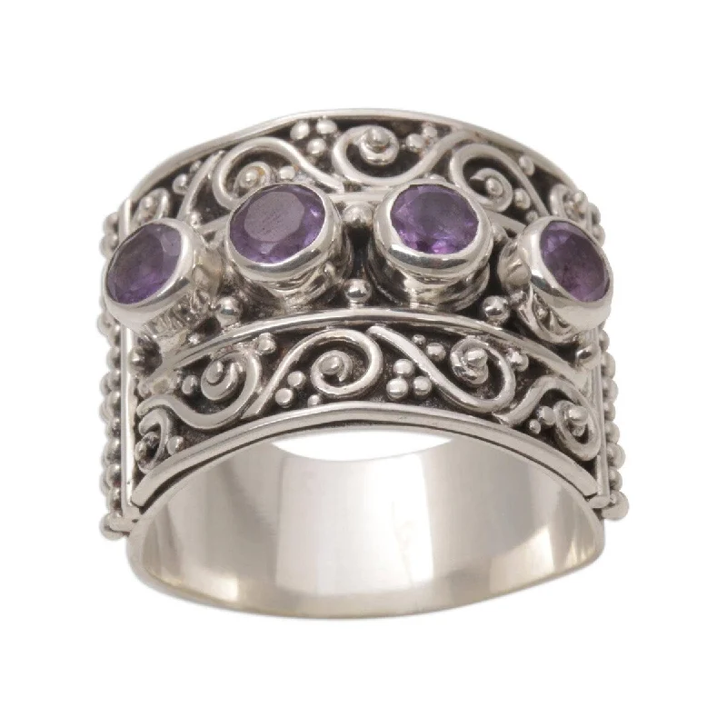 frond stamped ring-NOVICA Handmade Sterling Silver Lucky Four Amethyst Ring (Indonesia)