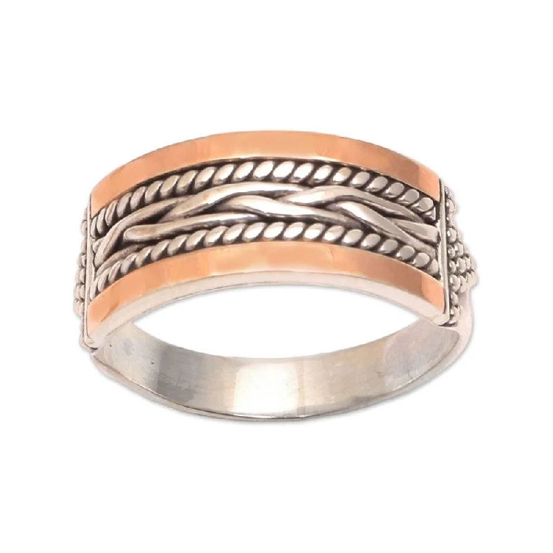 ten-stone ring-NOVICA Underground River, Gold accented sterling silver band ring