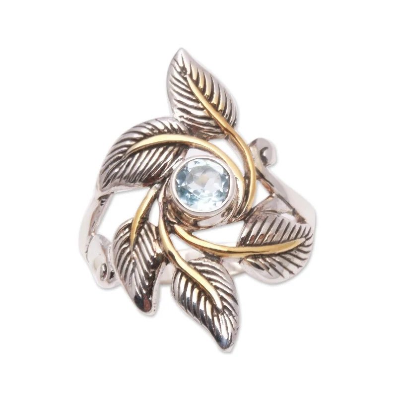 heavy statement ring-NOVICA Wreathed in Leaves, Gold accented blue topaz cocktail ring