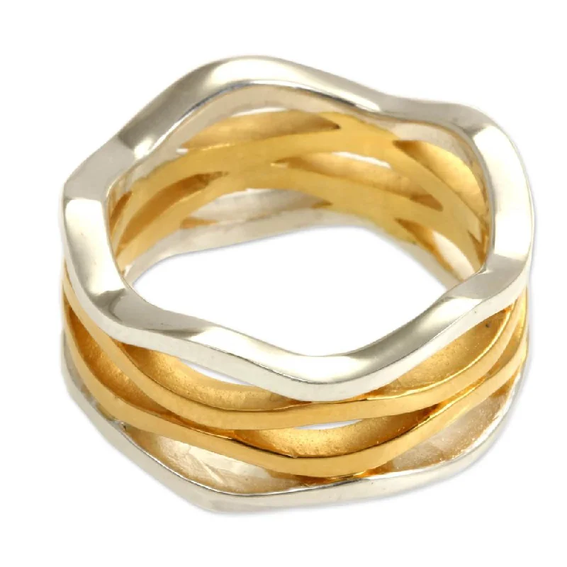 chiseled silver band ring-Ocean Waves Modern Elegant 18K Gold Plate and 925 Sterling Silver UniqueStacked Appearance Womens Ba