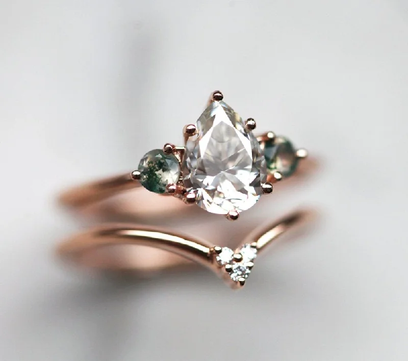 stamped silver ring-Misella Pear Moissanite Ring With Side Moss Agate