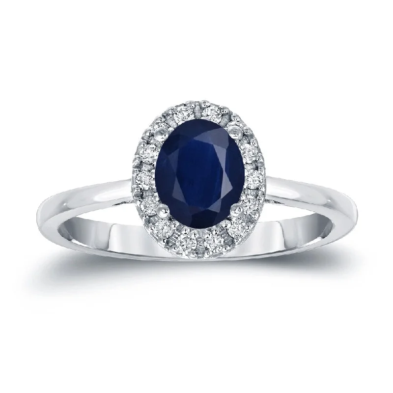 pearl frond ring-Platinum 1ct Sapphire Oval and 1/8ct TDW Diamond Halo Engagement Ring (H-I, SI1-SI2)