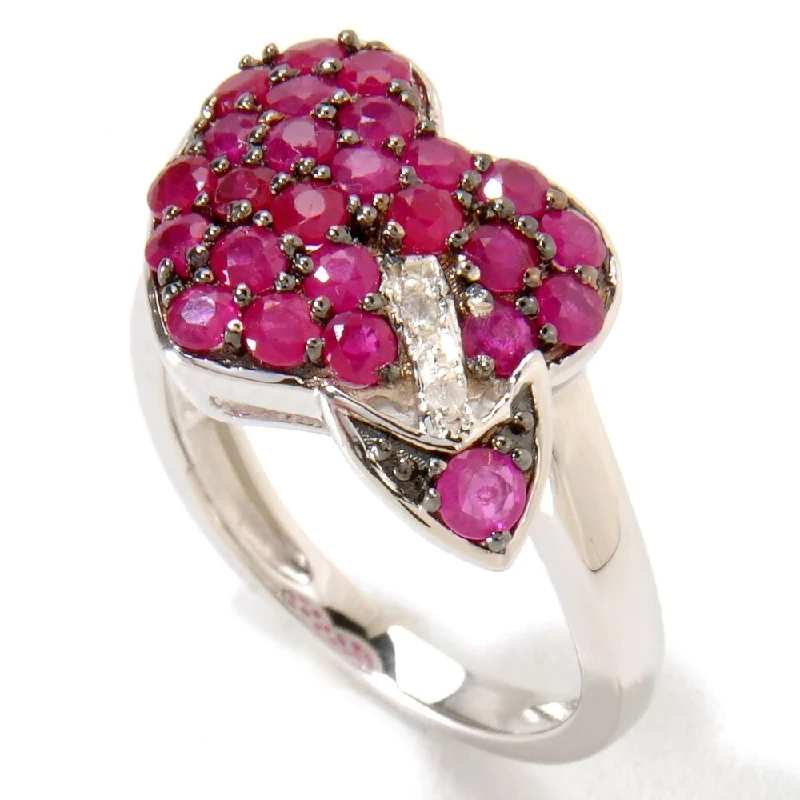 frond promise ring-Platinum o/ Silver 1.67ctw Ruby Diamond Heart & Arrow Ring, Size 7 - Red